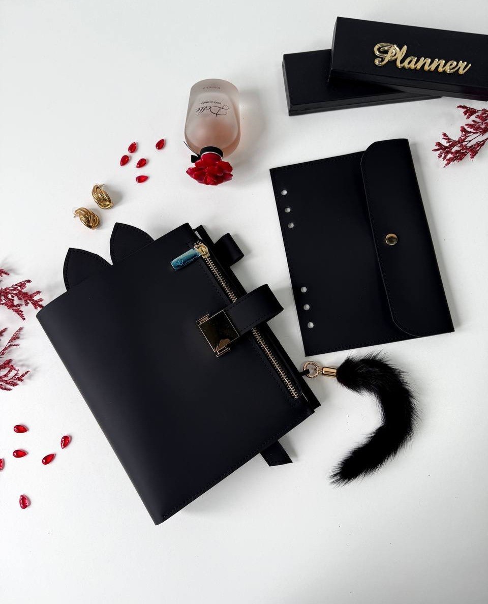 Cat Leather notebook cover A5 big binder 6 rings. Leather planner binder A5.