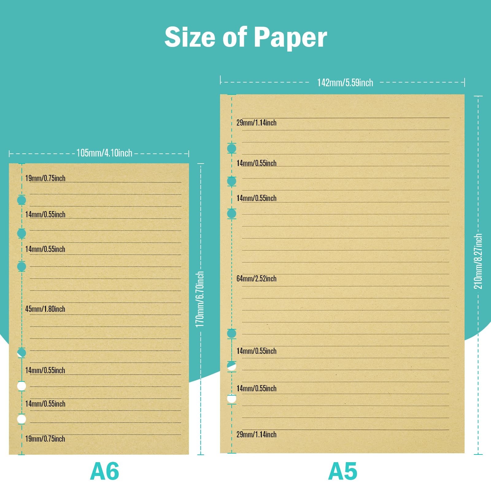 A5 Notebook Refill 280 Sheets 6 Ring Planner Diary Paper Brown