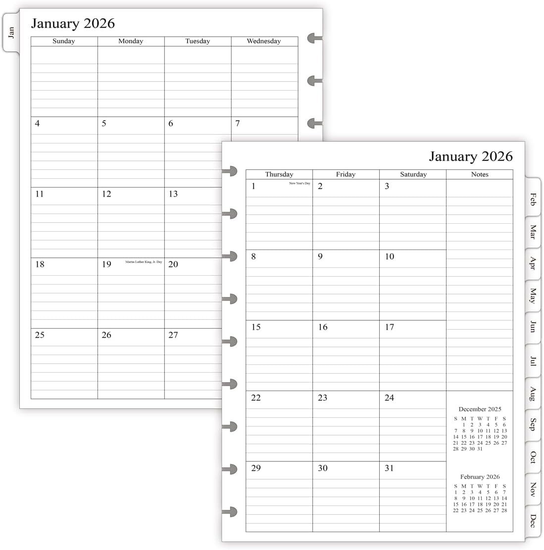 2026 Planner Refills for 11-Disc Notebooks Monthly Tabs Letter Size 8.5×11