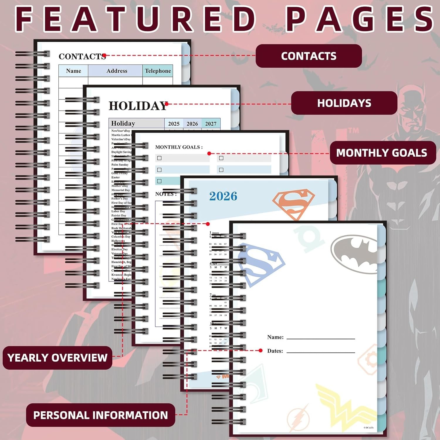 Batman 2026 Planner Undated Daily Weekly Monthly Organizer with Calendar Habi…