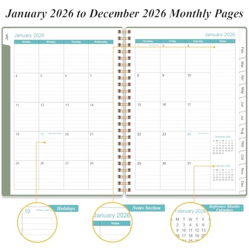 2026 Daily Planner – Full Page Per Day, Monthly Tabs, 6.4″x8.5″, Green, Jan-Dec