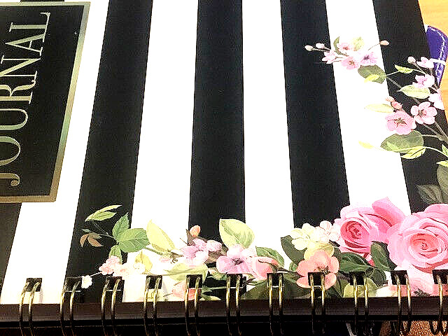Lovely, Flowery Black & White Striped Journal Pink Elastic Band Closure~Book NEW