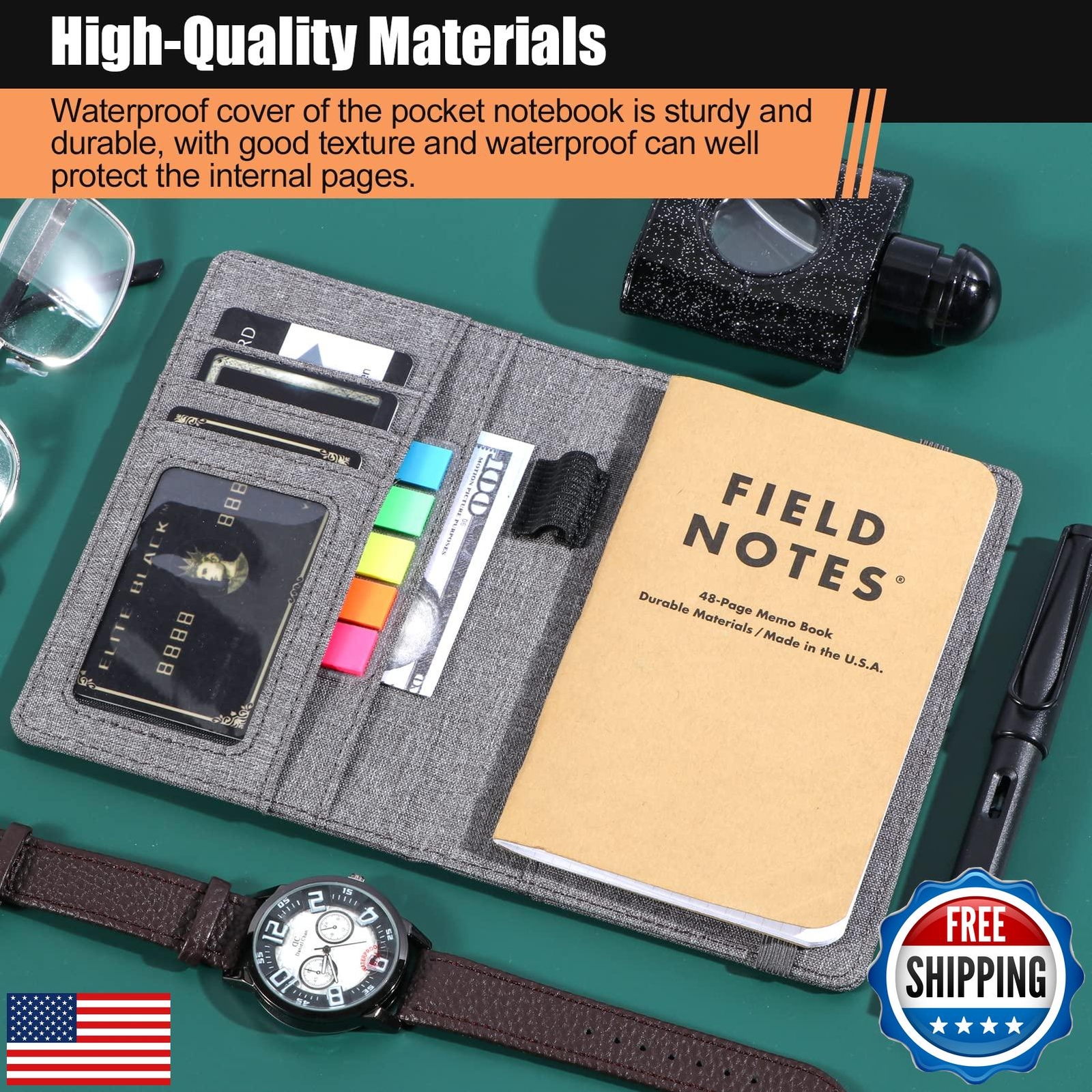 Plinyvel Notebook Cover for Field Notes 3.5″x5.5″ – Waterproof Organizer with