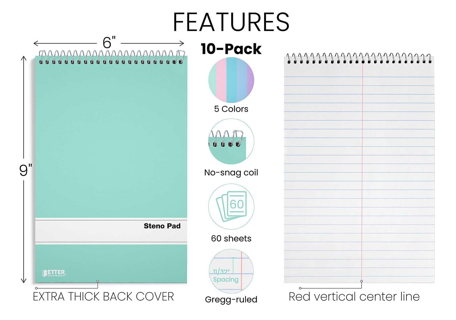 Better Office Products Steno Pads Spiral 6×9, 10 Pack, Gregg Ruled, Assorted