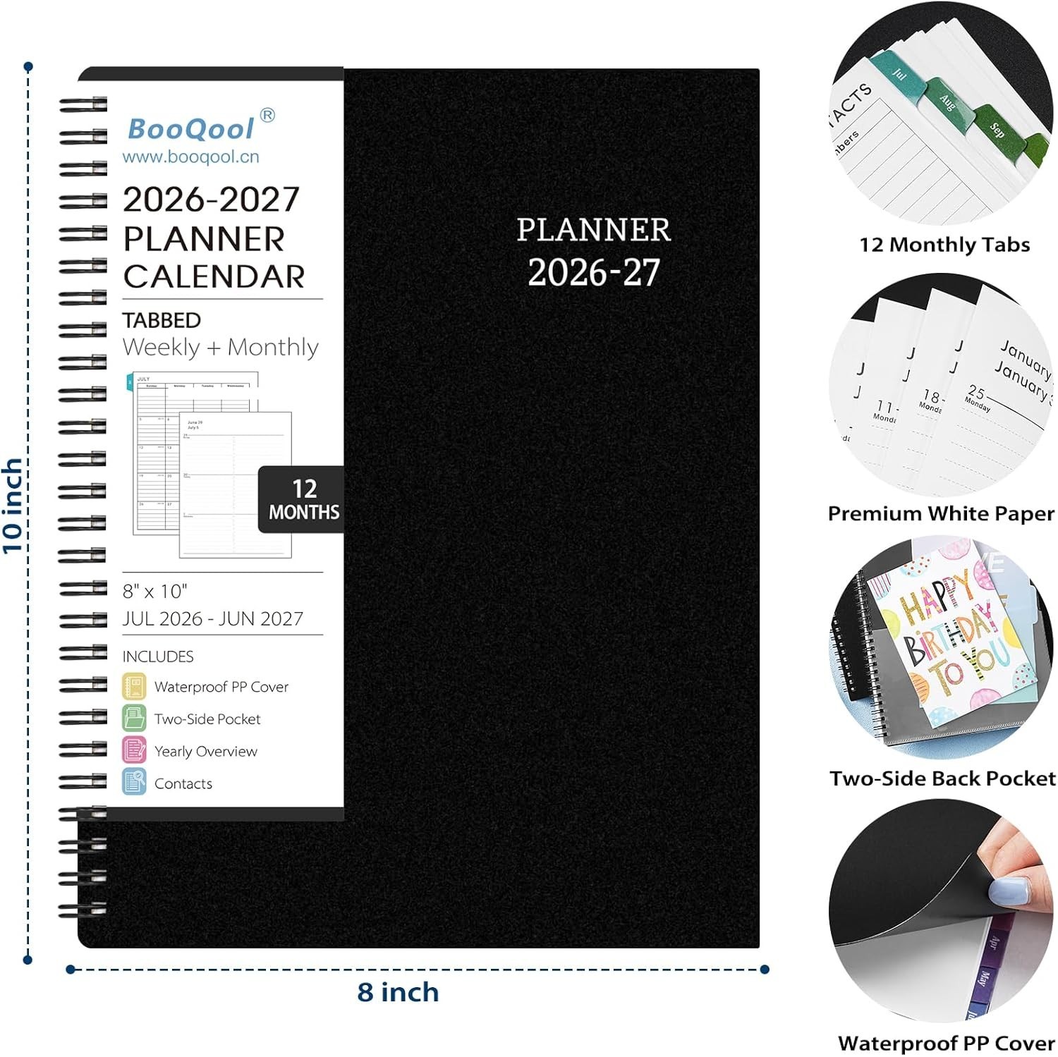 2026-2027 Planner for Academic Use – Black Waterproof Cover, Wirebound, 8″ x 10″