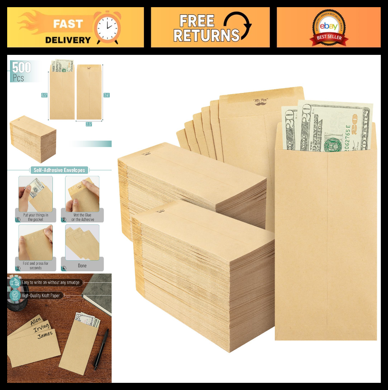 500 Pack Self-Adhesive Cash Envelopes 6.5″ x 3.5″ – Kraft Paper Budgeting & Orga