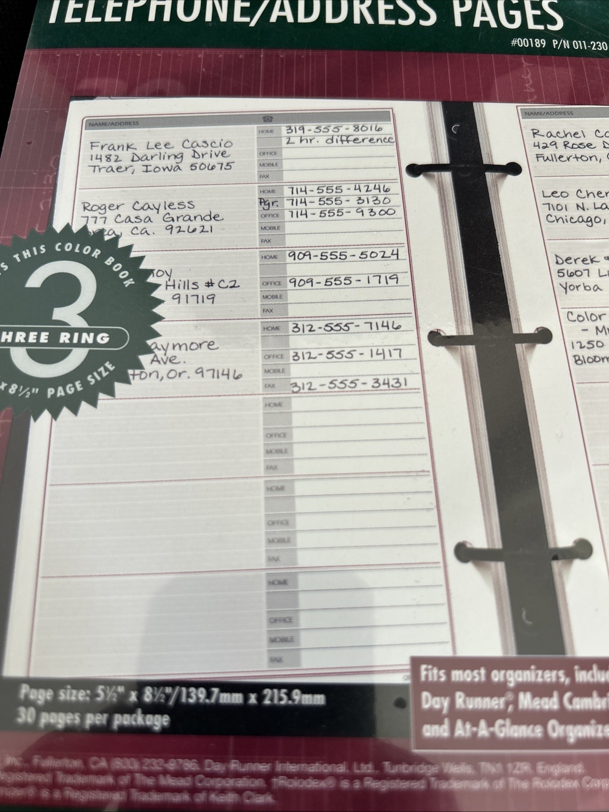 Day Runner Telephone Address Planner Refill Pages 30 Pages 3 Ring 5.5 x 8.5 1996