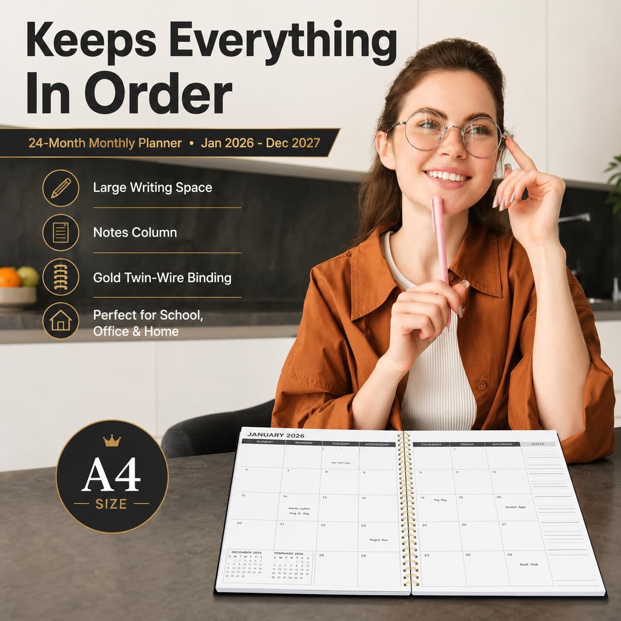 Monthly Calendar Planner 2026-2027,8.5″ X 11″ A4 (Jan 2026 – Dec 2027), Black