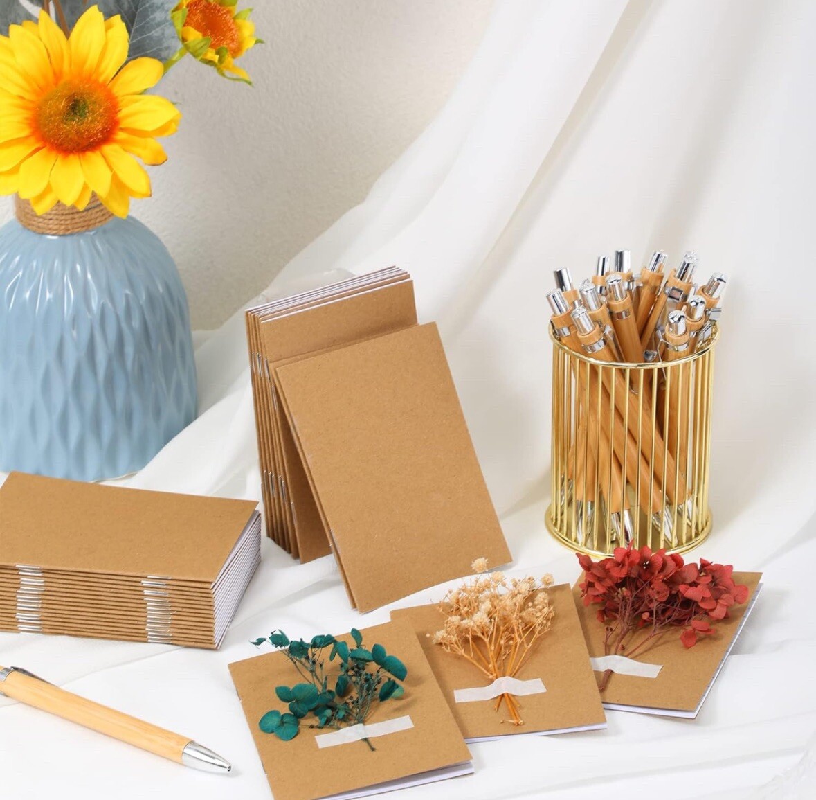 50 Sets Pocket Notebook with Pens Set Bulk Small Memo Notepad with Bamboo Pens