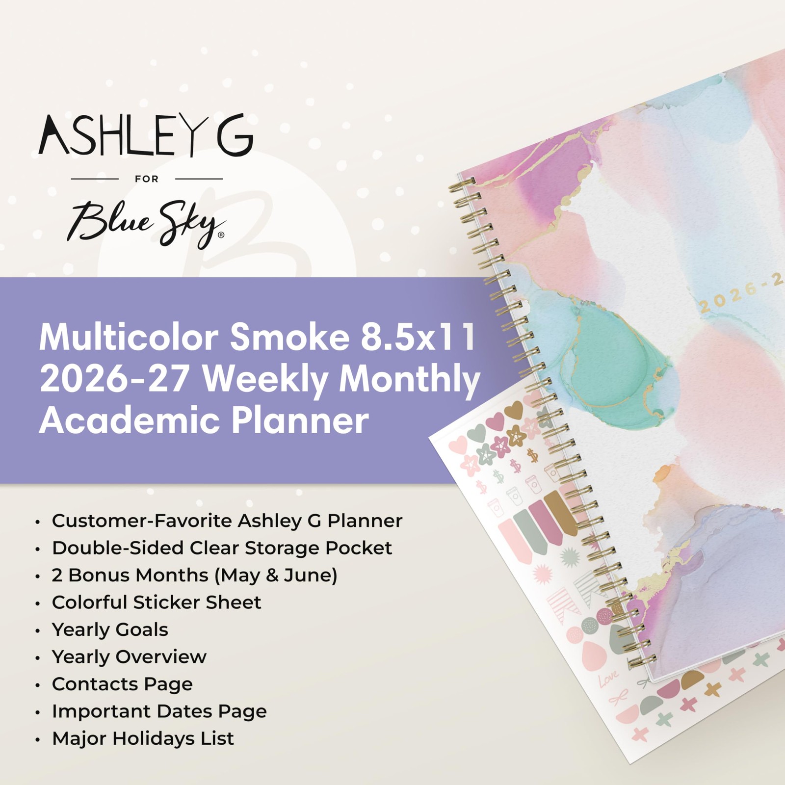 Blue Sky Ashley G 2026-2027 Weekly 8.5″ x 11″, Multi Color Smoke- 2026/2027