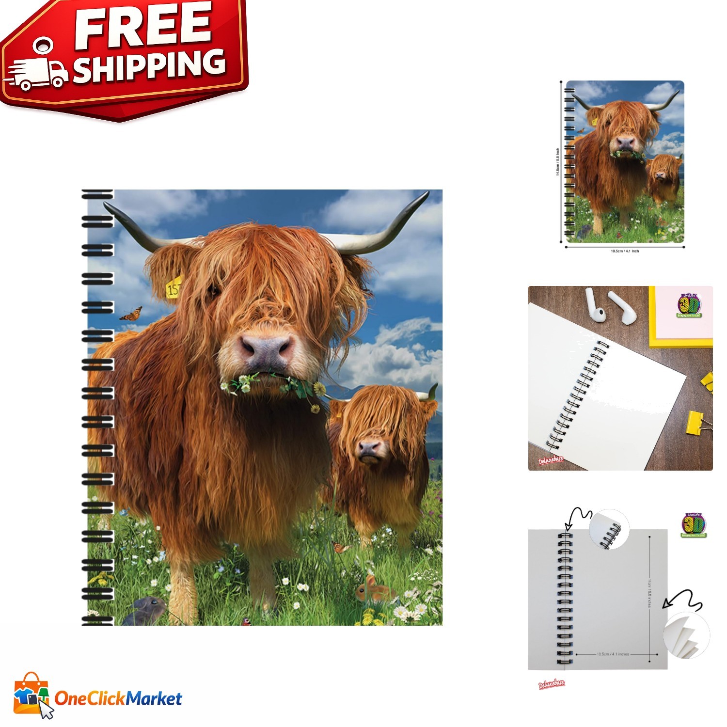 Deluxebase 3D LiveLife Notebook – Recycled A6 Journal with Highland Cattle Cover