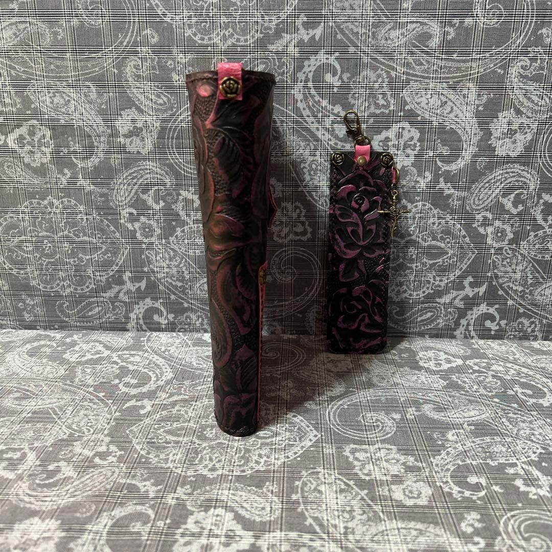 Genuine Leather B6 Notebook Cover Pen Case Pink Sparkly Black Used
