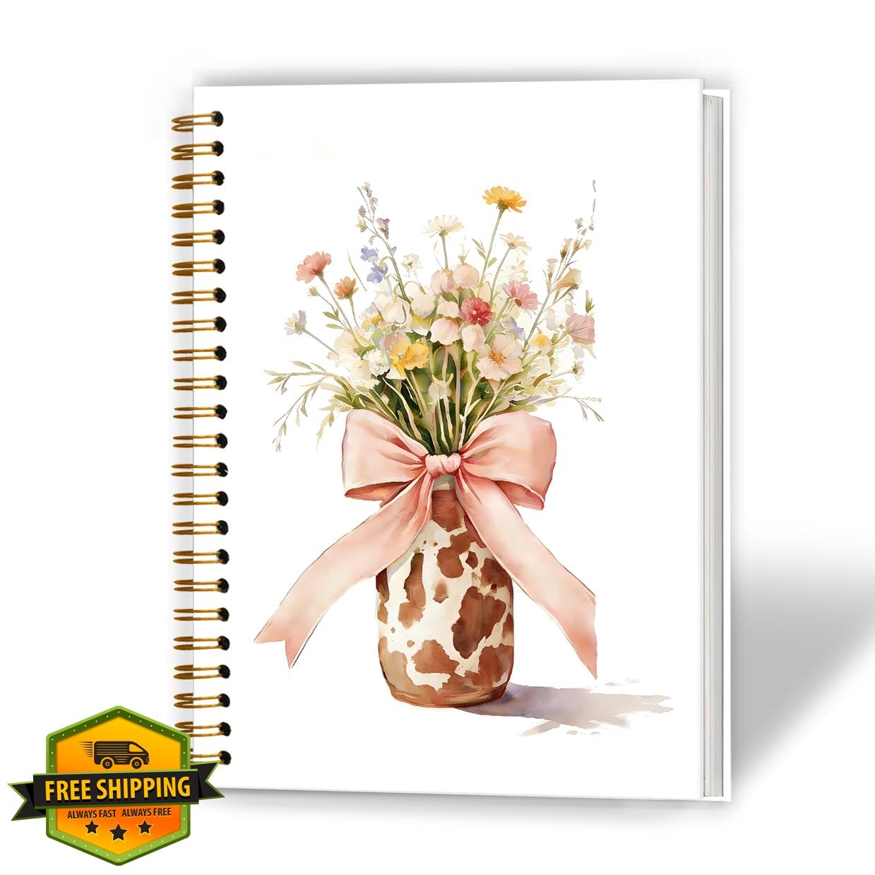 XUNLURY Coquette Pink Bow Floral Notebook, Rustic Wildflower Cow Print Vase J…