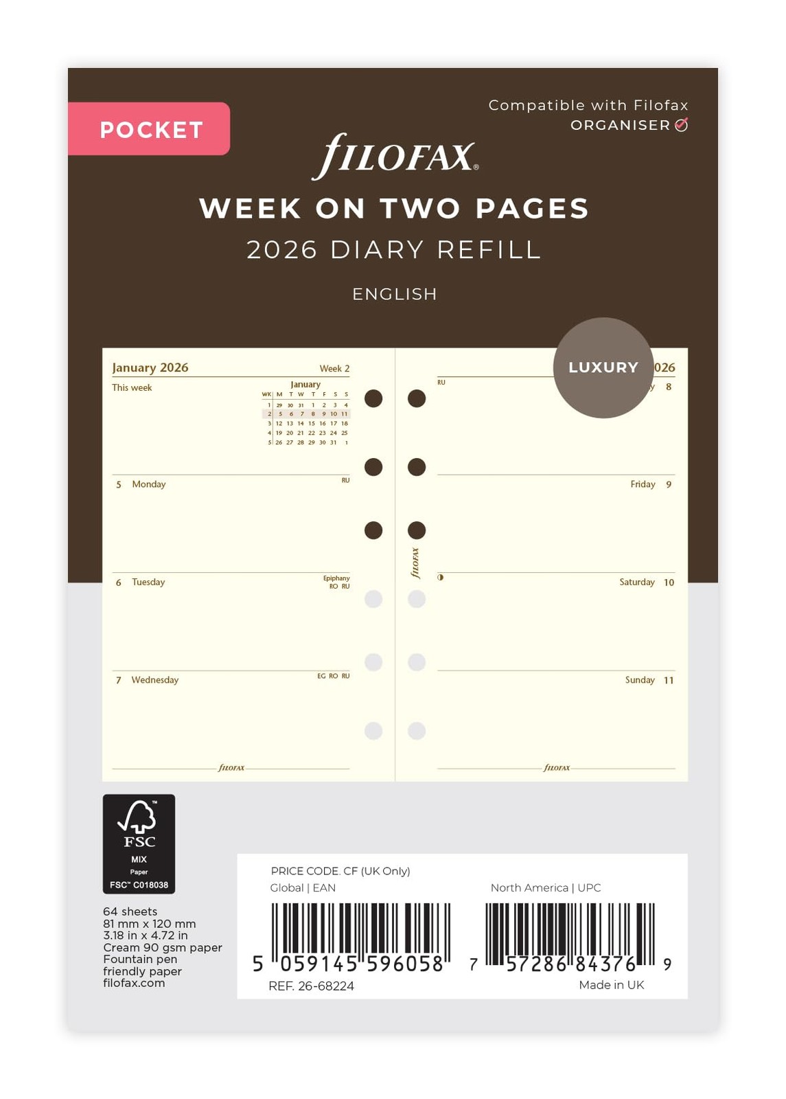 Filofax Pocket week on two pages cotton cream size, Cotton