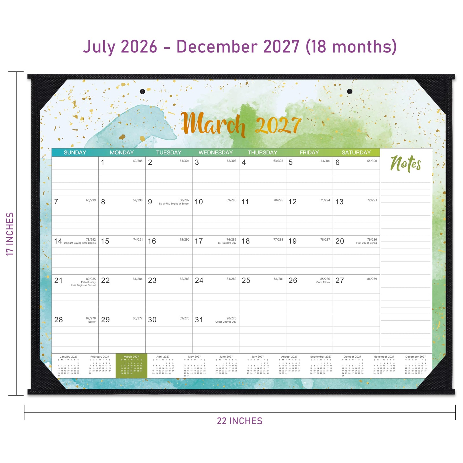 Desk Calendar 2026-2027 – 22″ x 17″, Multicolor Waterink