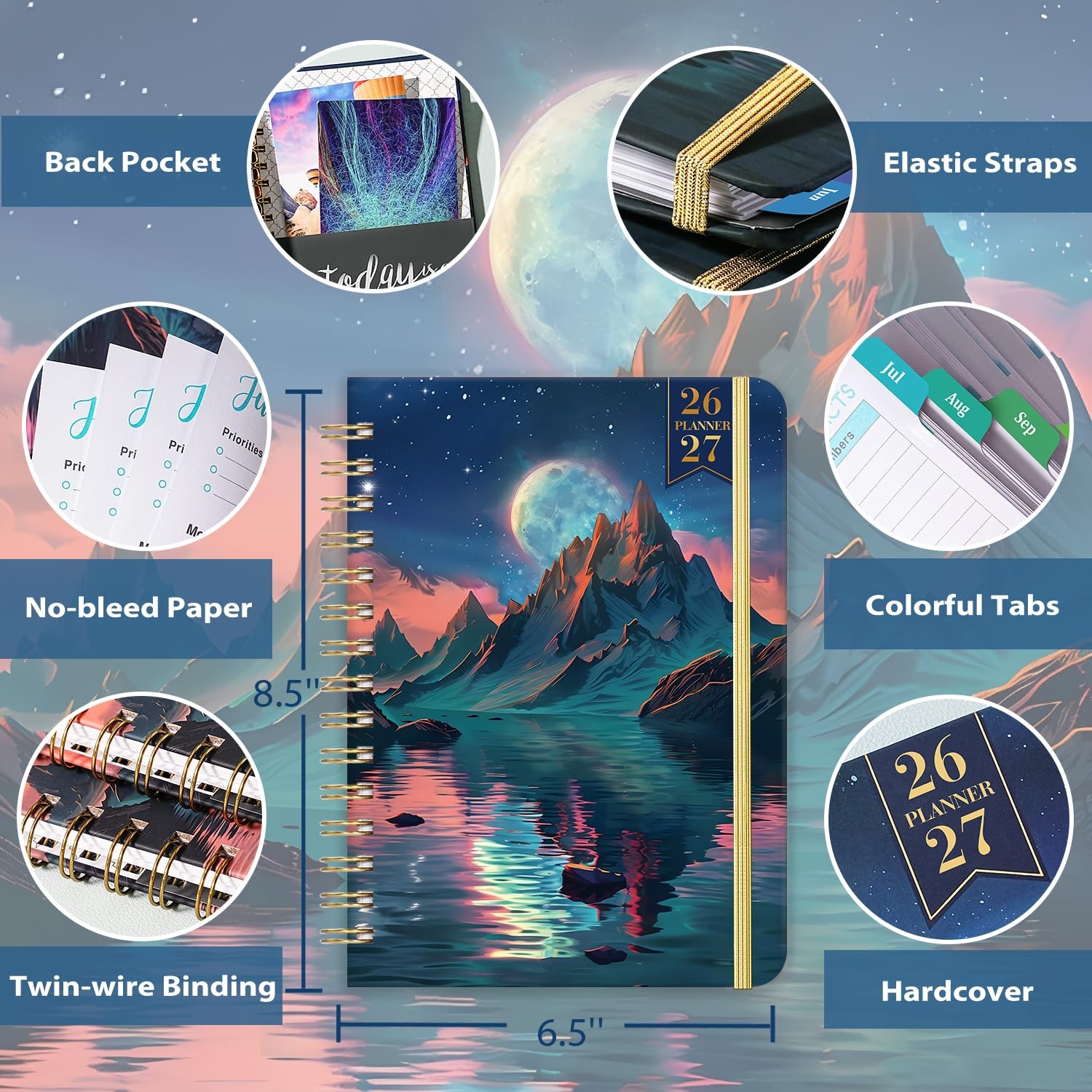 Academic Planner 20262027 Weekly Monthly 6.5 x 8.5 Colorful Tabs Thick Paper
