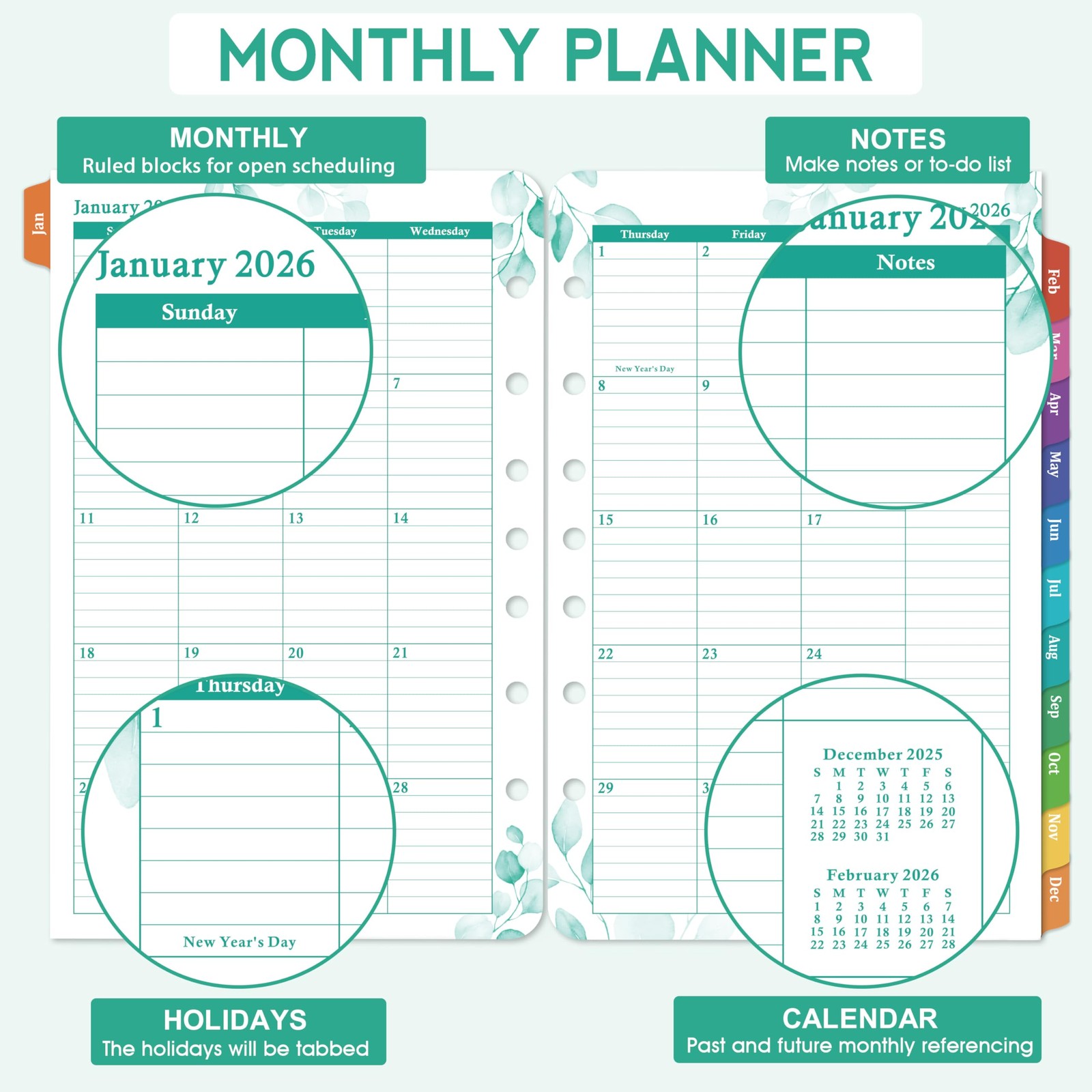 2026 Planner Refills Jan-Dec Daily/Weekly Monthly Pages 5.5″x8.5″ Loose-Leaf