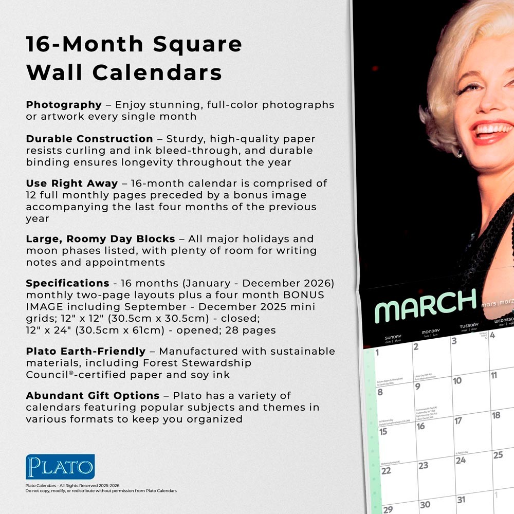 Marilyn Monroe OFFICIAL | 2026 12×24″ (Hanging) Monthly Square Wall Calendar