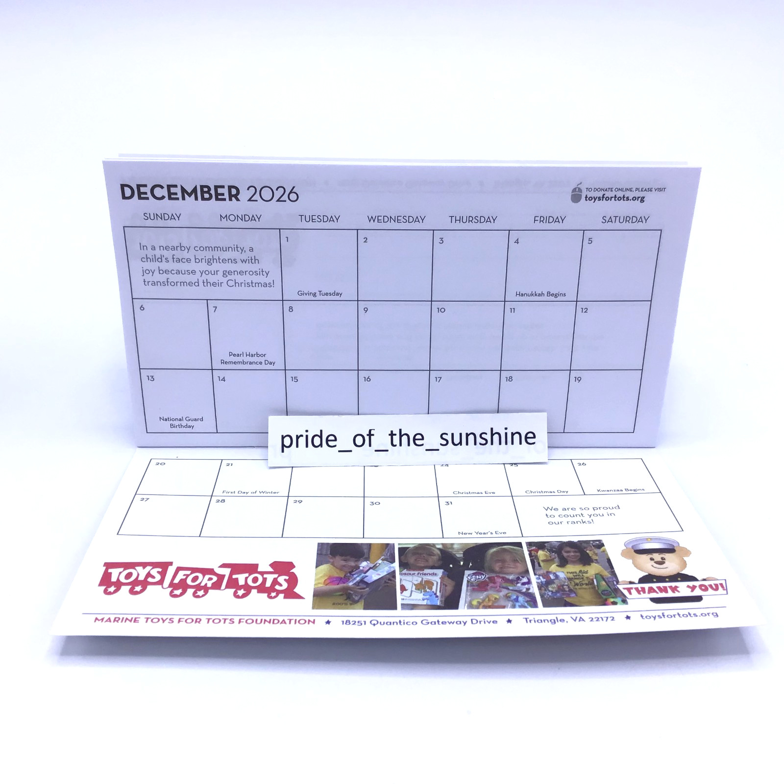 2026 Pocket Calendar Marine Toys For Tots Foundation 12 Month Planner 6.5″x 3.5″