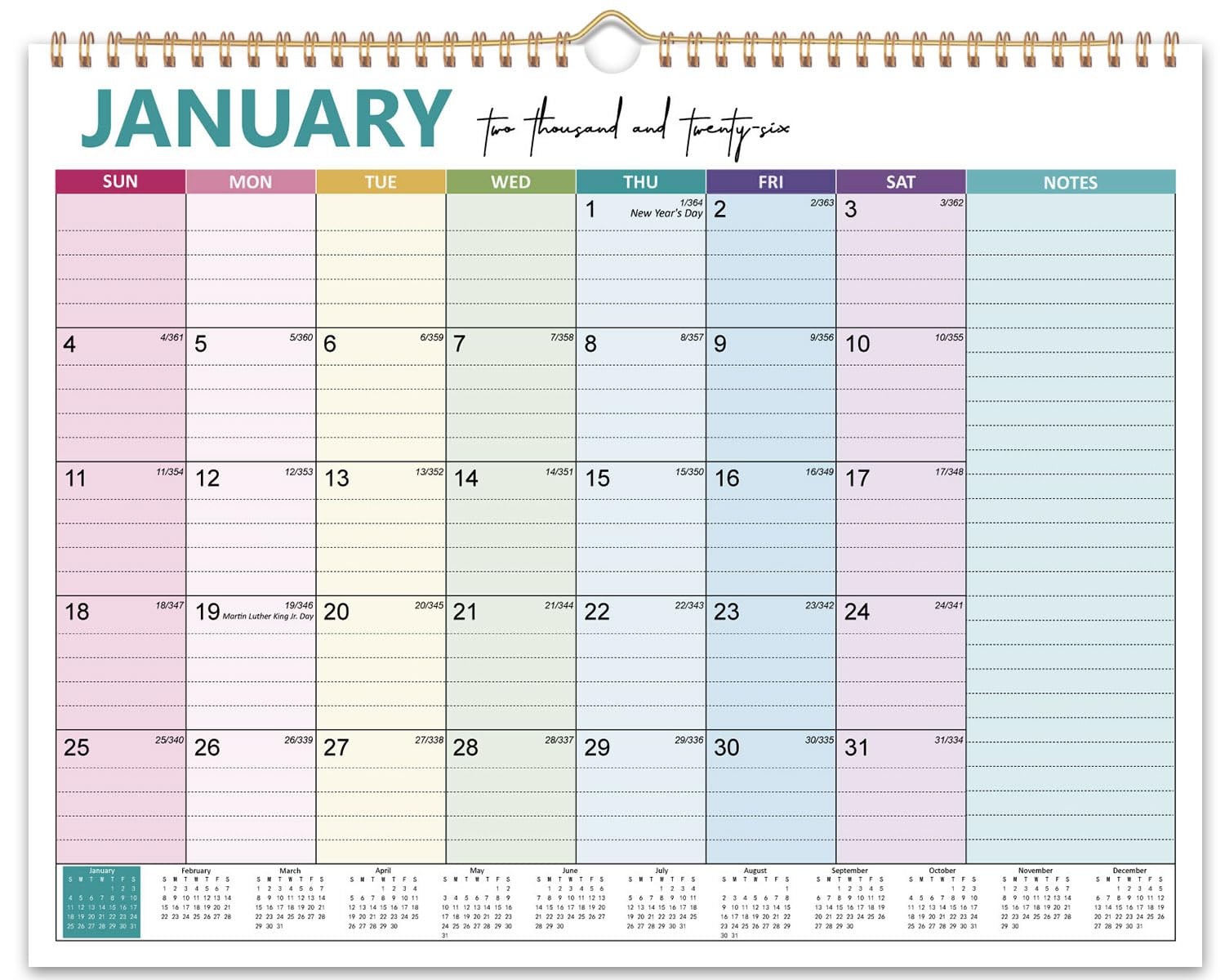 2026 Calendar – Wall from January 2026 to December 2026 colorful