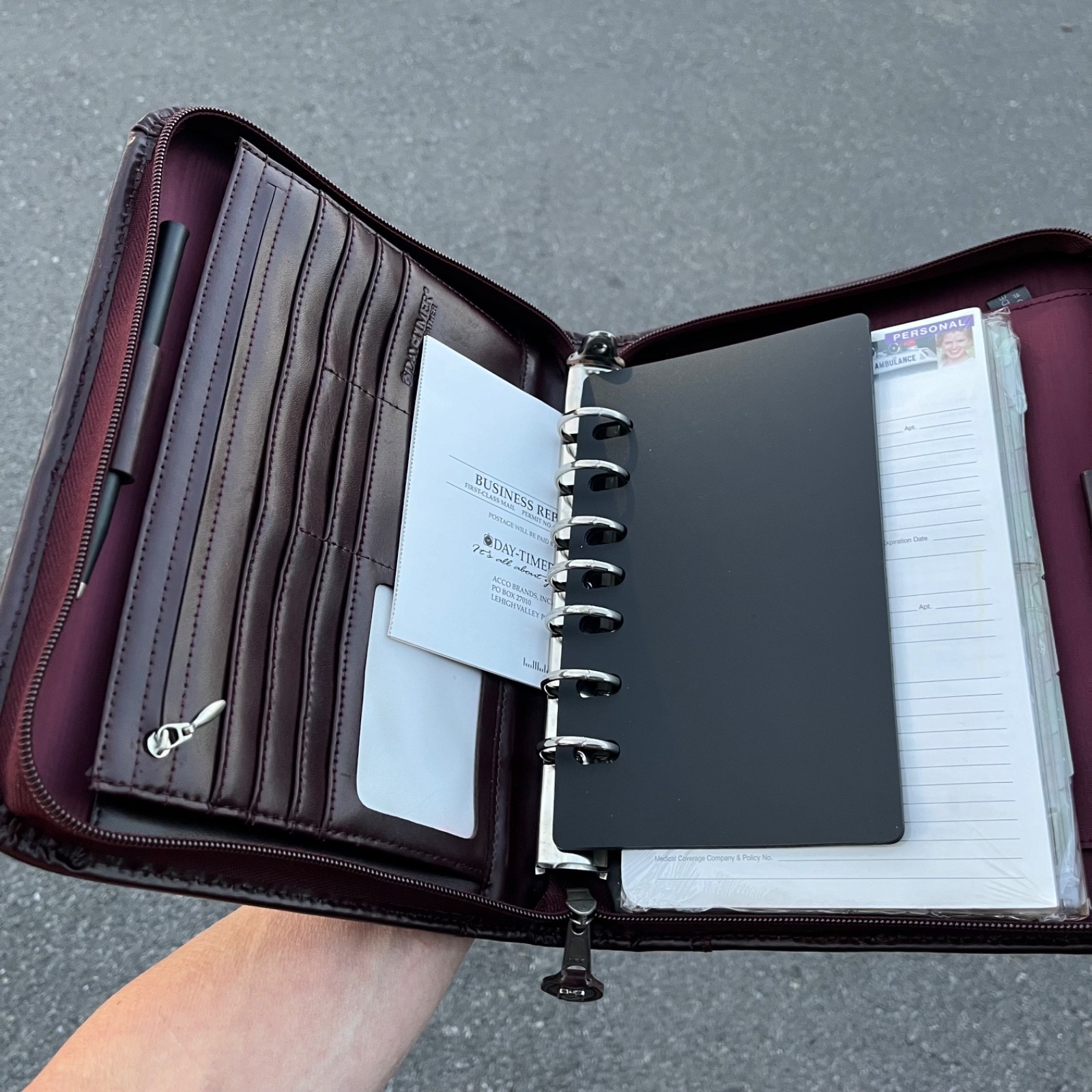 Day-Timer Desk Planner NEW Burgundy Leather 8.5×11 7 Ring Binder Zip Around Vtg