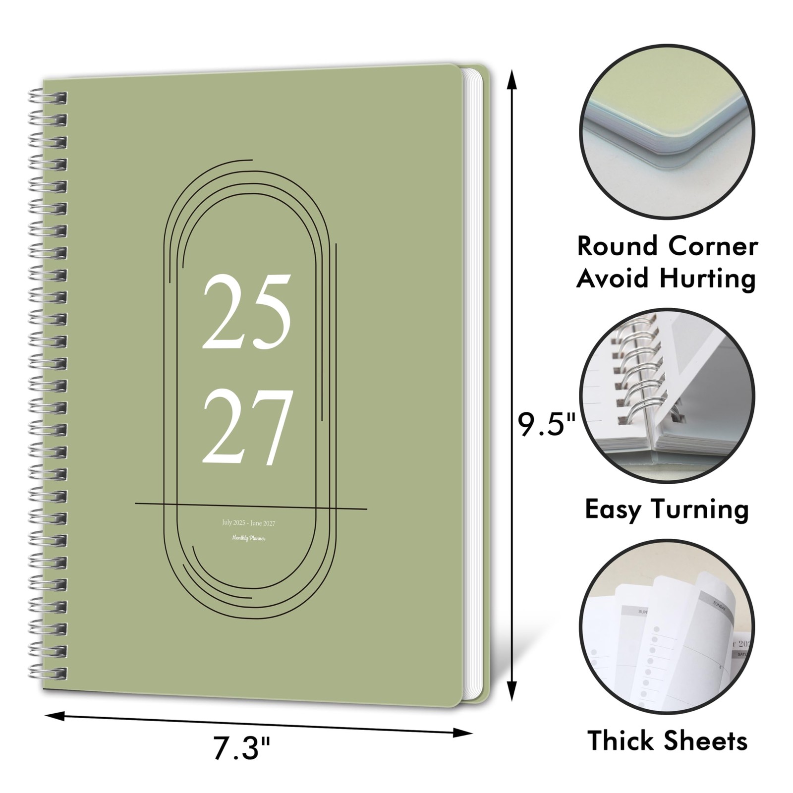 Monthly Planner 2025 To 2027, 24 Months Organizer, Office Home, Green
