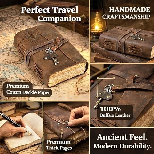 Vintage Leather Journal, Handmade Antique Diary with Deckle Edge Paper, 11×8 Inc