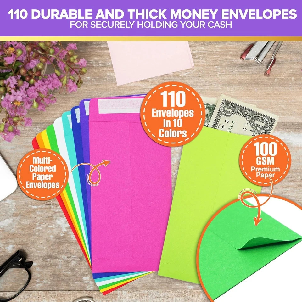 110 Pack Colorful Money Envelopes for Cash, 6.5″ X 3.5″ with Self-Adhesive, for