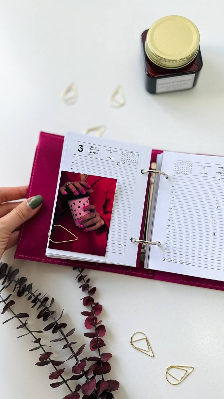 Pink leather notebook cover A7 binde rings mini wallet. Dated planner gift.