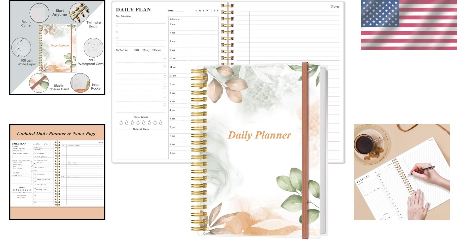 Elegant Undated Daily Planner – B5 Size, 150 Pages, Spiral Organizer, Rose Leaf