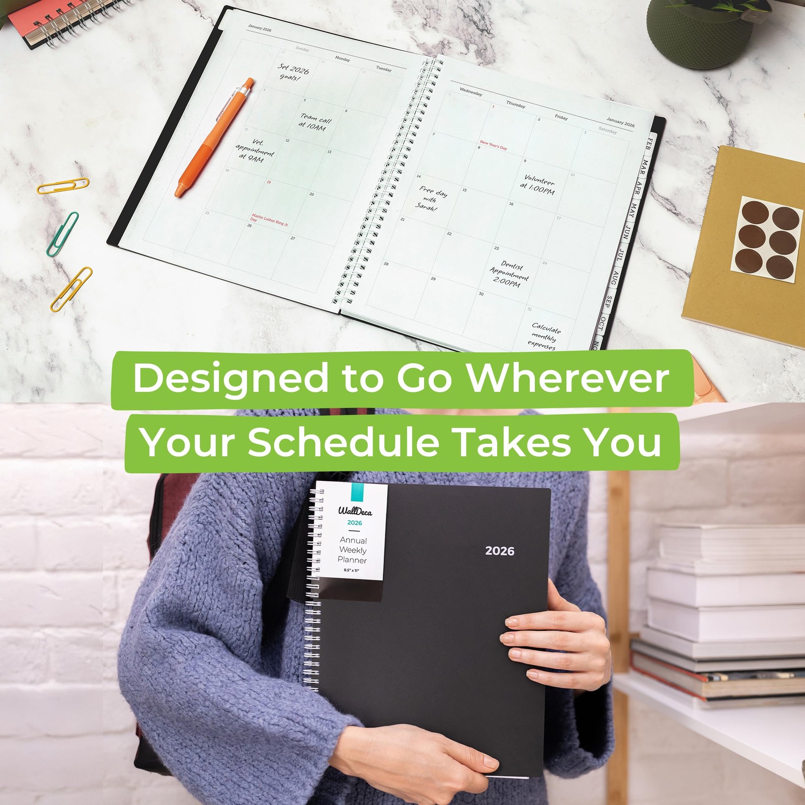 Walldeca 2026 Planner, Weekly & Monthly Planner 2026 (8.5 x 11-Inch), Black