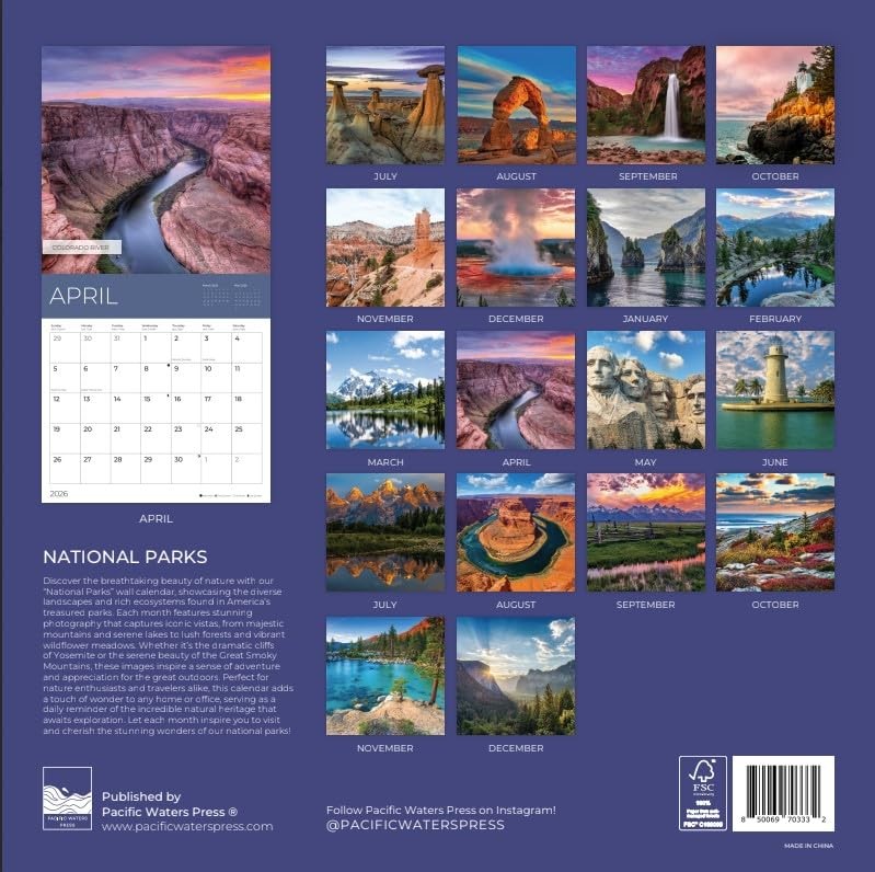 National Parks Wall Calendar 2026 | 12″ x 24″ Open | 12 x 12,