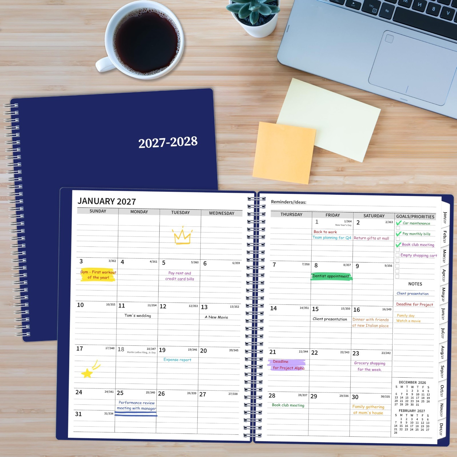 2027-2028 Large Monthly Planner – 2 Year Calendar, Spiral Agenda, 24 Months, Tab