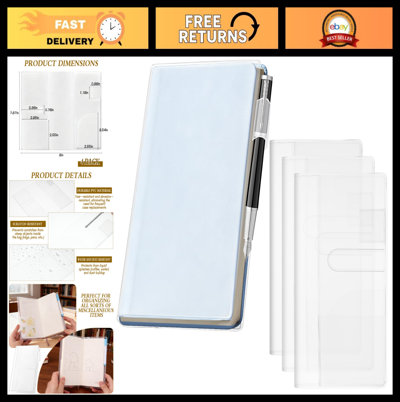 4-Pack Weekly Planner Cover Protectors – 8”x7.6” Waterproof Clear Sleeves