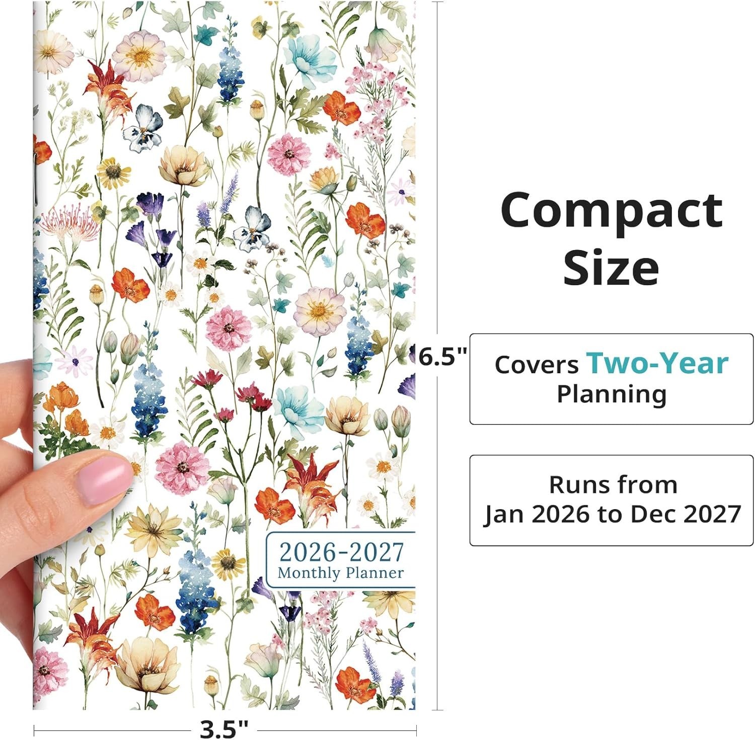 Compact 6.5″ x 3.5″ Monthly Planner – 2026-2027 Pocket Calendar with Wildflowers