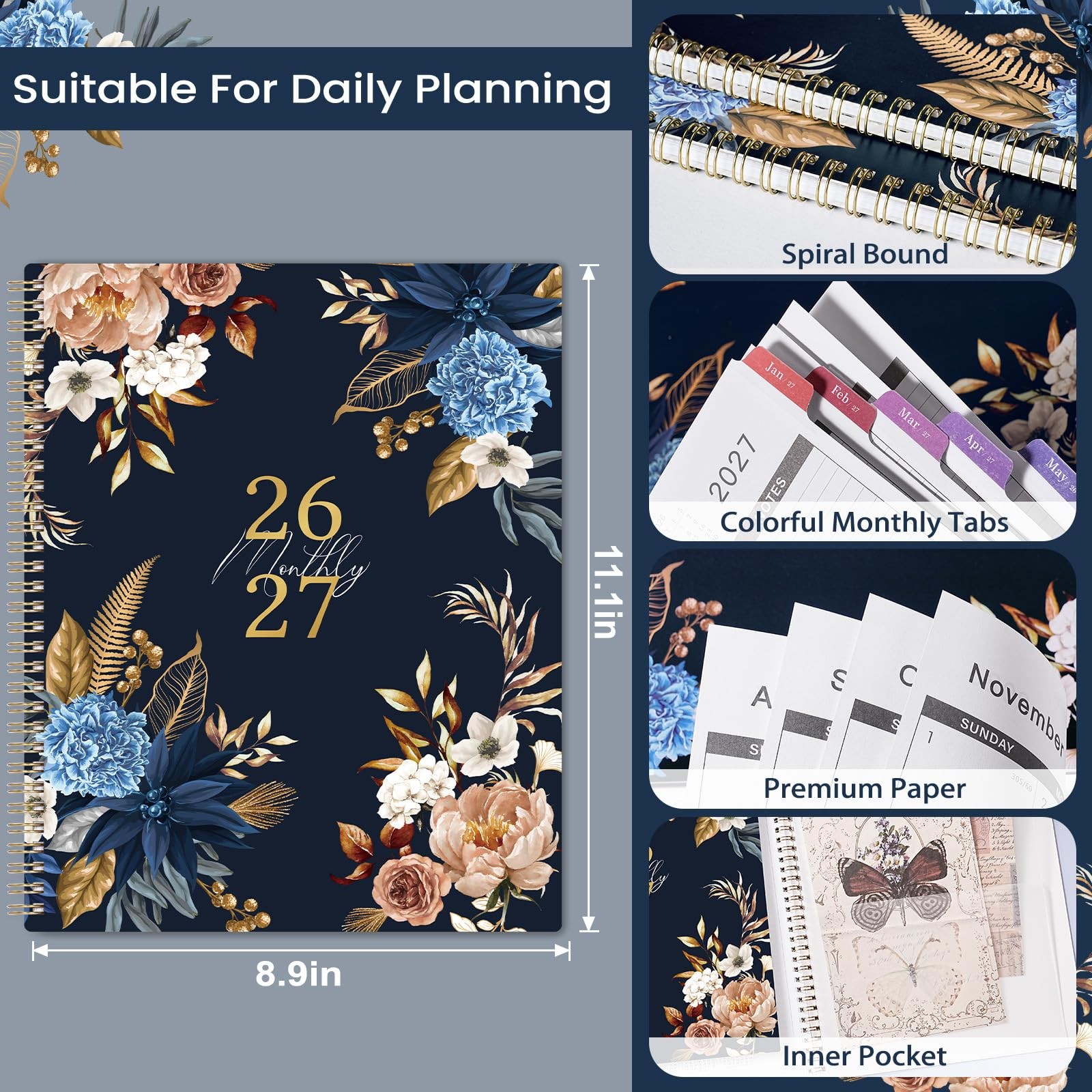 2026-2027 Monthly Planner 18 Month Calendar 9×11 Twin Wire Binding Notes Pages