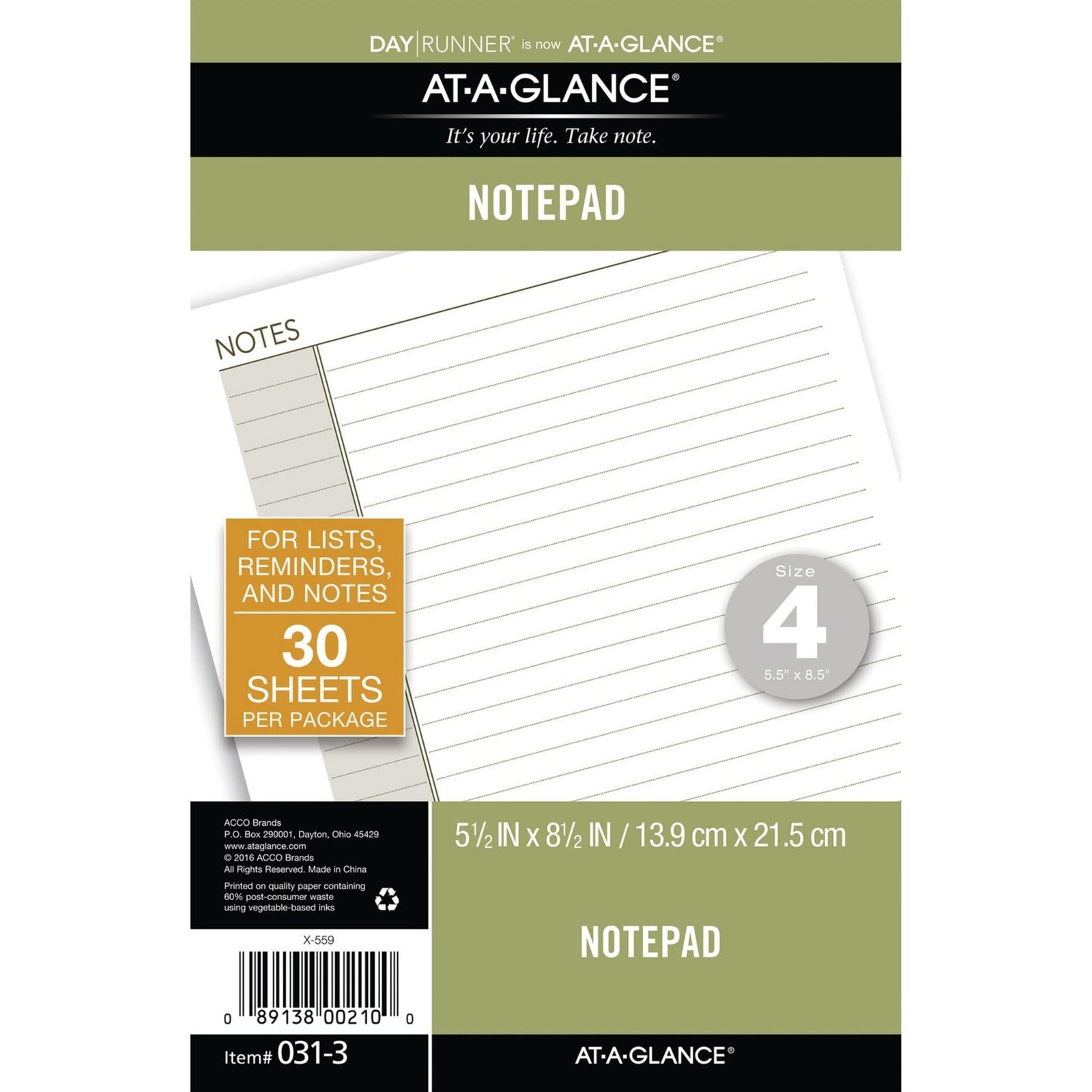 AT-A-GLANCE Day Runner Lined NotePad Pages, 87275 Small, White-cream