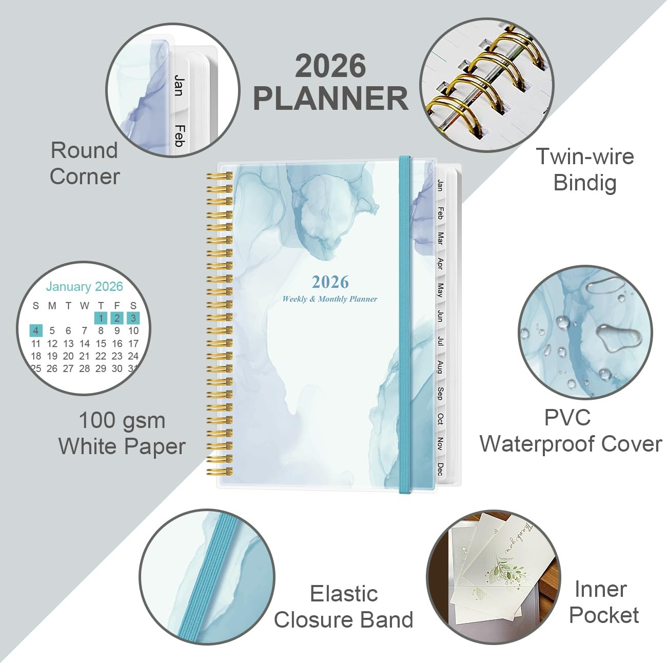 2026 Planner – 2026 from January 2026 – 6.4″ x 8.5″, Blue Watercolor
