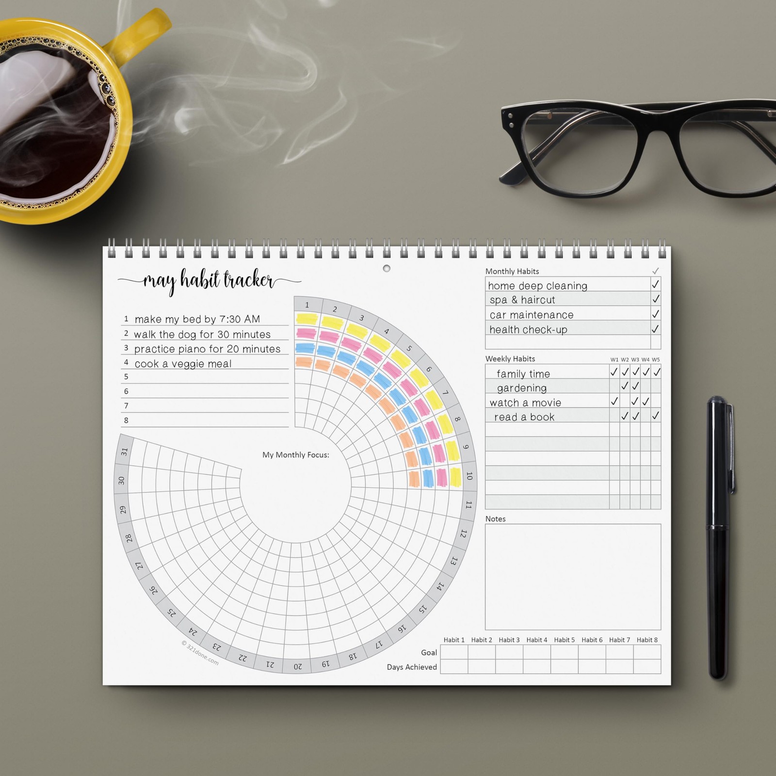 321Done Habit Tracker Calendar Pad, 8.5×11 Monthly, Made in 8.5″ x 11″, Wheel