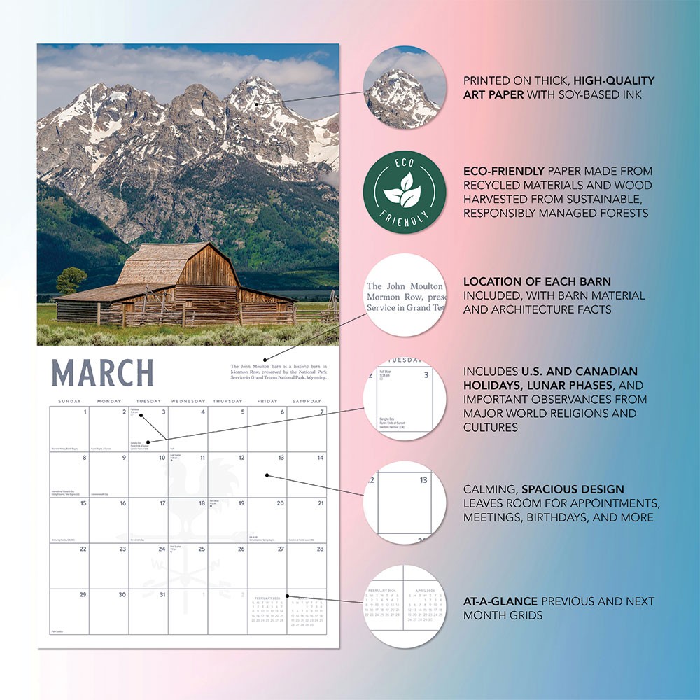Barns Calendar 2026 | 12″ x 24″ 12 Month Calendar | Marble City Press