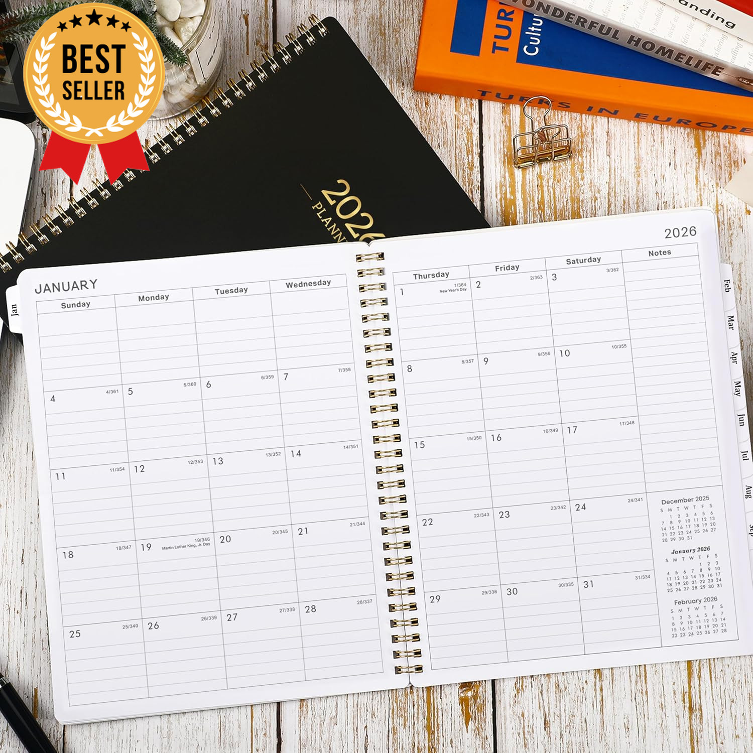 2026 Planner Calendar 8×10 Weekly Monthly Tabs Twin-Wire Binding Black Cover