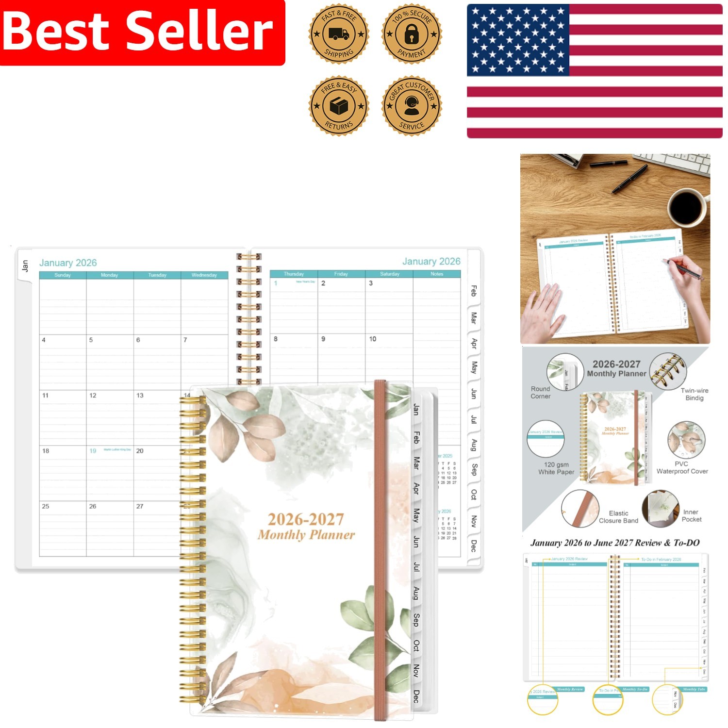 Deluxe 2026-2027 Calendar 18-Period Rose Leaf Thick Paper Organizer 6.4×8.5 Tabs