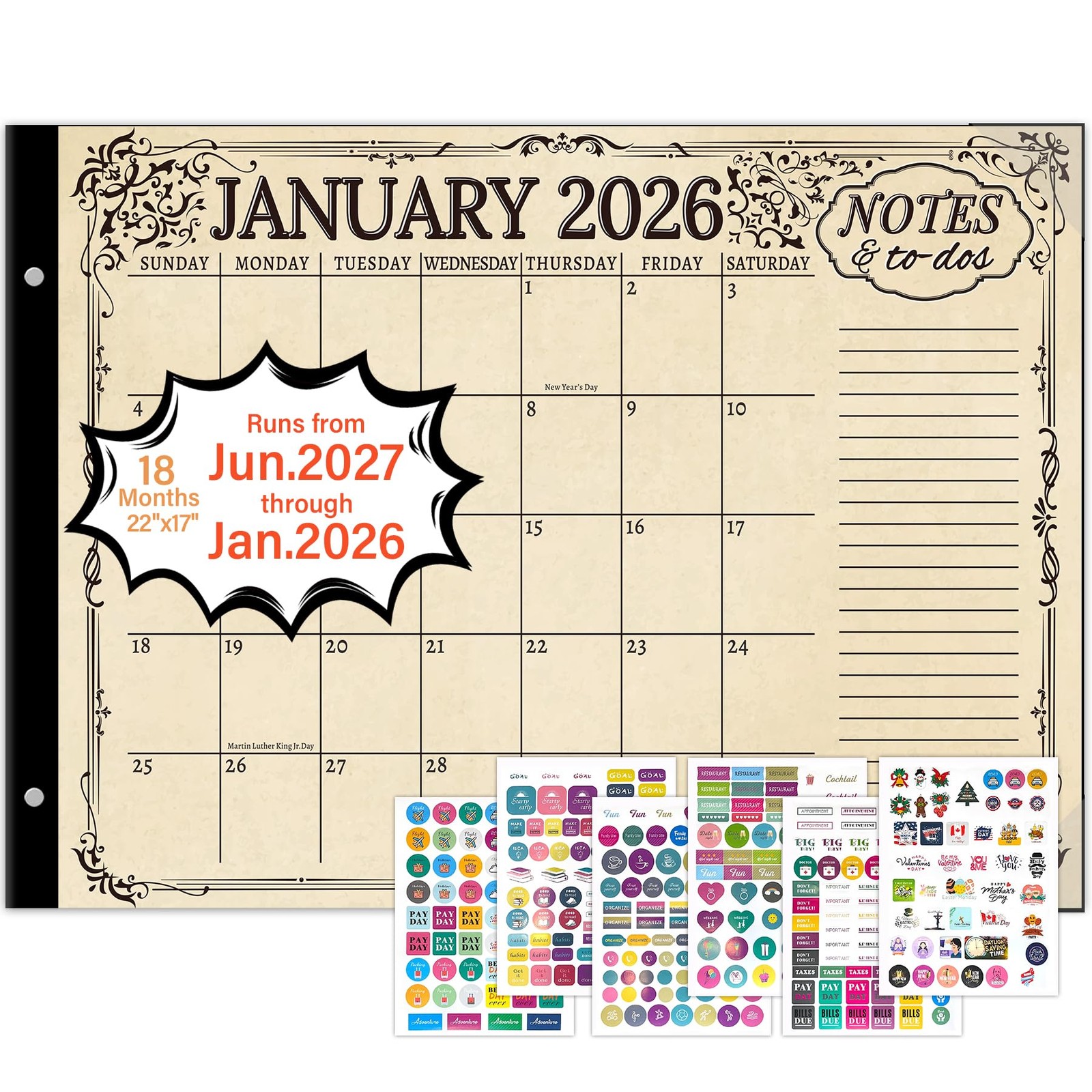 Desk Calendar 2026-2027, Monthly, Pad, 22″ x Vintage (Jan.2026-Jun.2027)