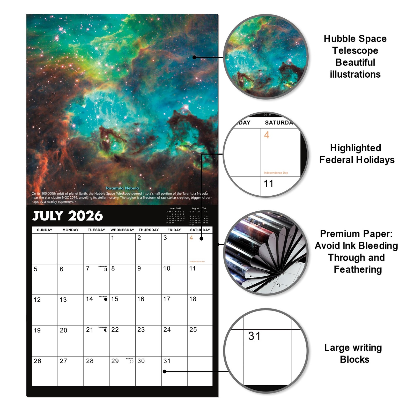 2026-2027 Wall Calendar – Hubble Telescope 12″ x 24″, Dark