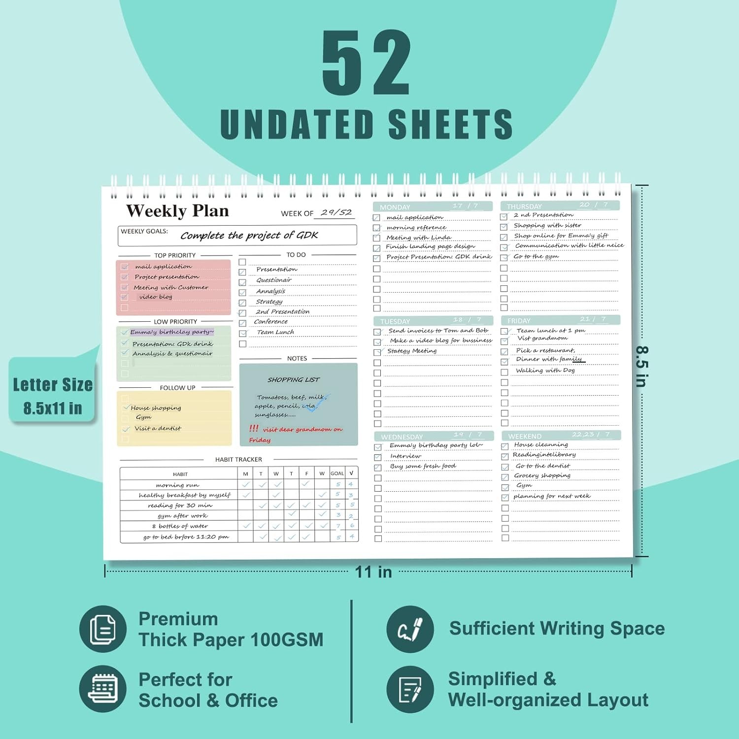 8.5×11 Weekly Goal Tracker Notebook – 52 Undated Sheets for All