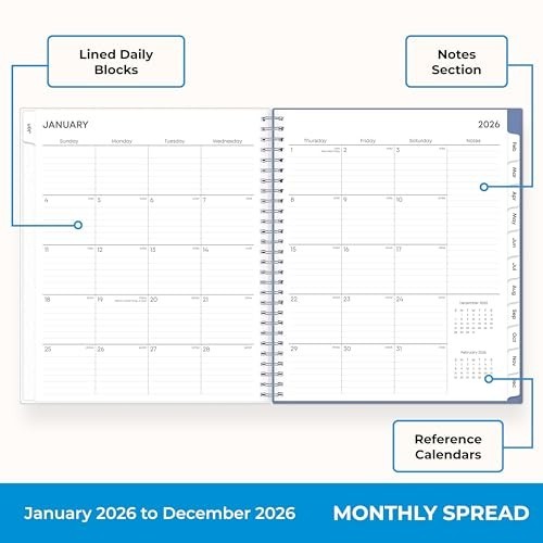 2026 Monthly Planner Calendar – Jan-Dec, 8″x10″, Flexible Cover, Laminated Tabs,