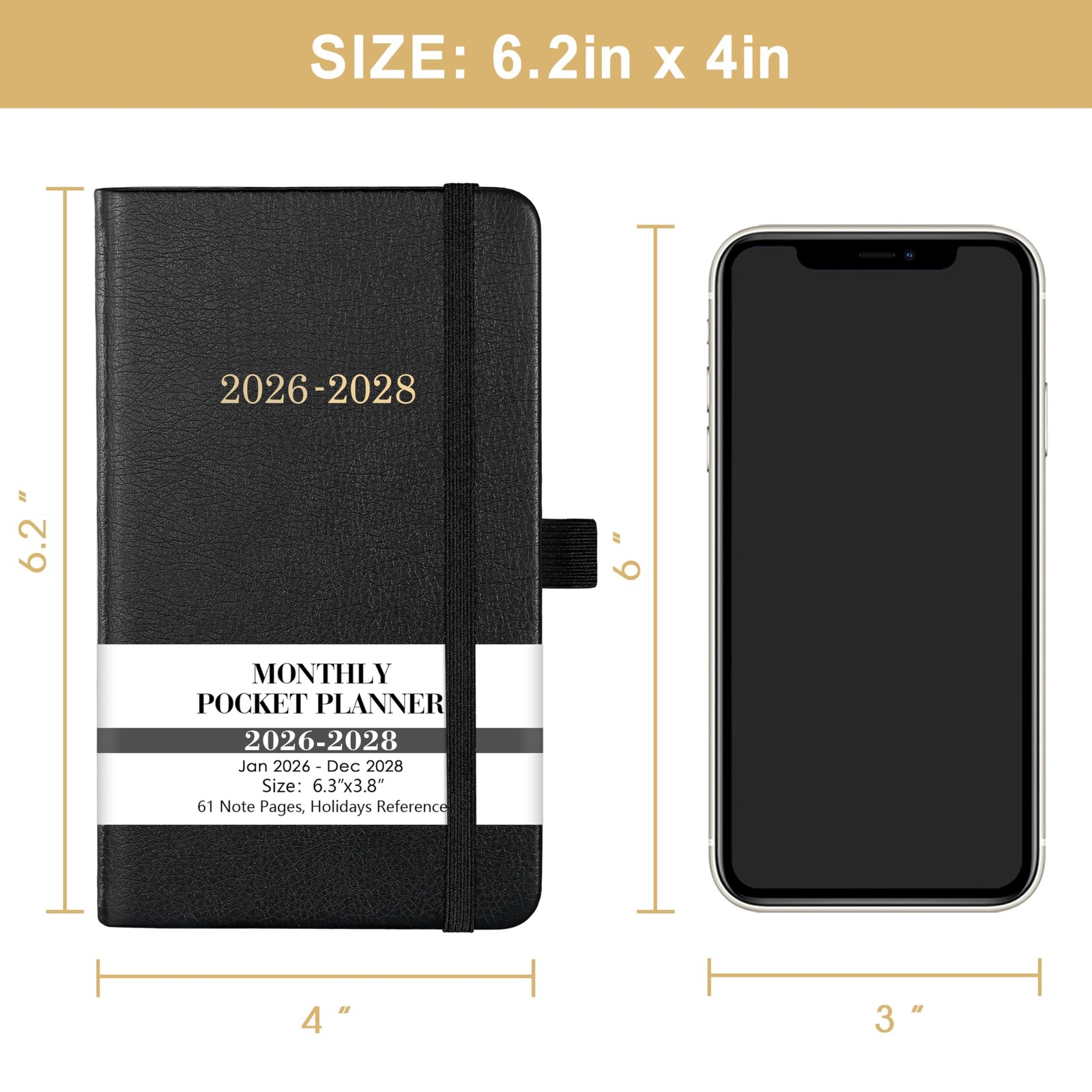 Pocket Planner/Calendar 2026-2028 – 3 Year Monthly Planner 6.3″ × 3.8″, black
