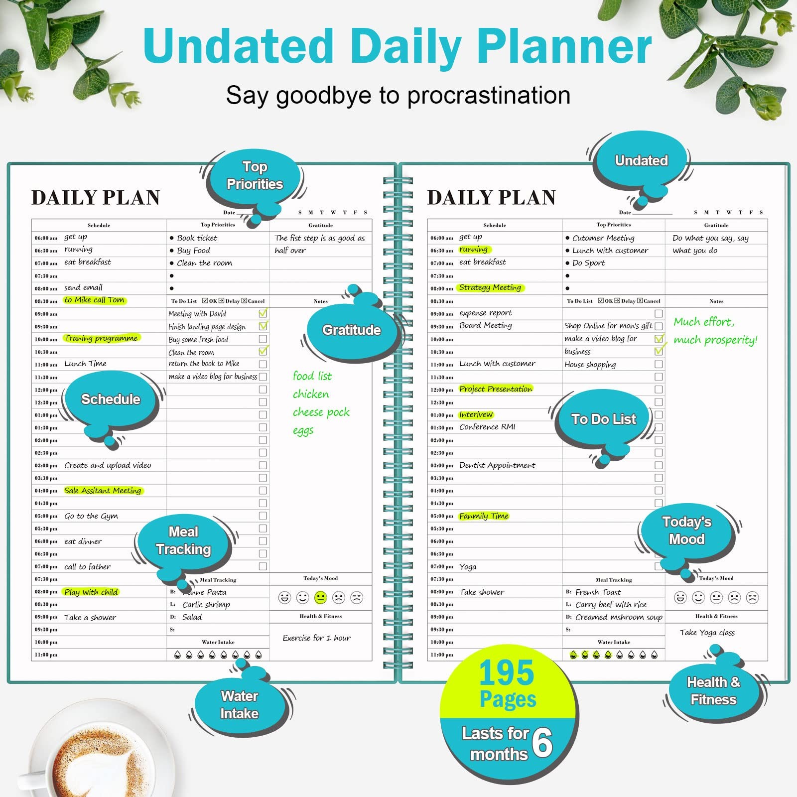 Planner Undated, Daily Planner Agenda with to Do List, Hourly Schedules for W…