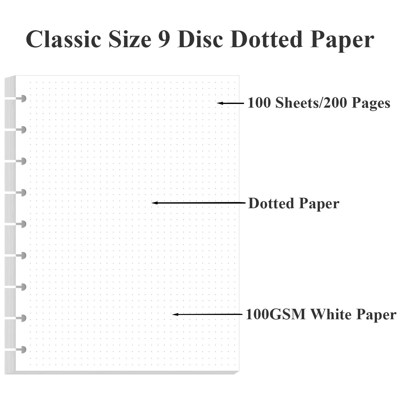 Yaridar 200 Sheets 9-Disc Discbound Dotted Grid Refill Paper Classic Size