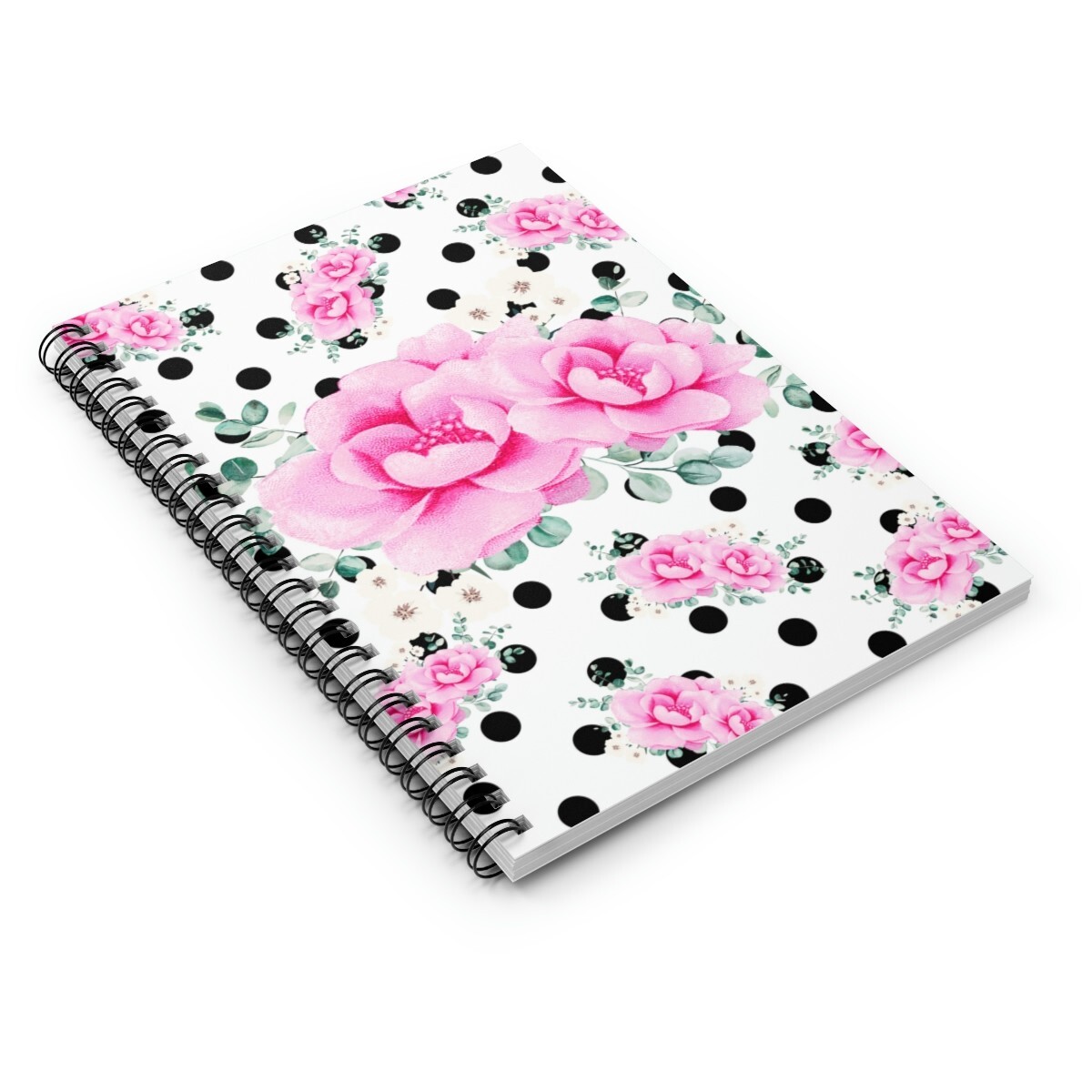 Small Spiral Notebook-Magenta Pink Floral-Black Polka Dots-White